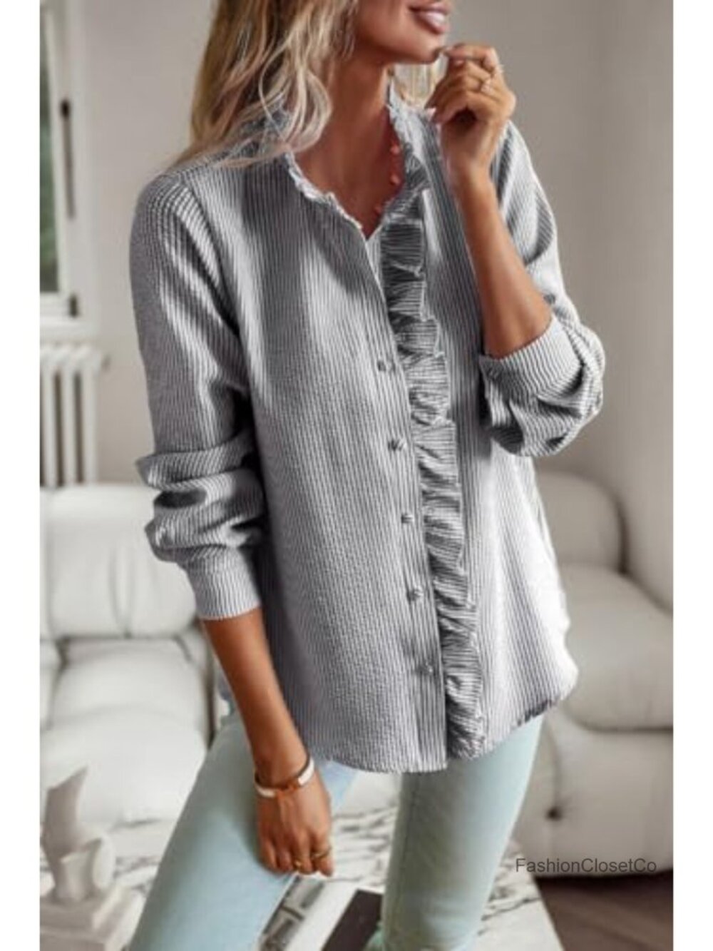 Ruffle Trim Button Up Long Sleeve Blouse Mock Neck Work Shirt - Picture 2 of 6